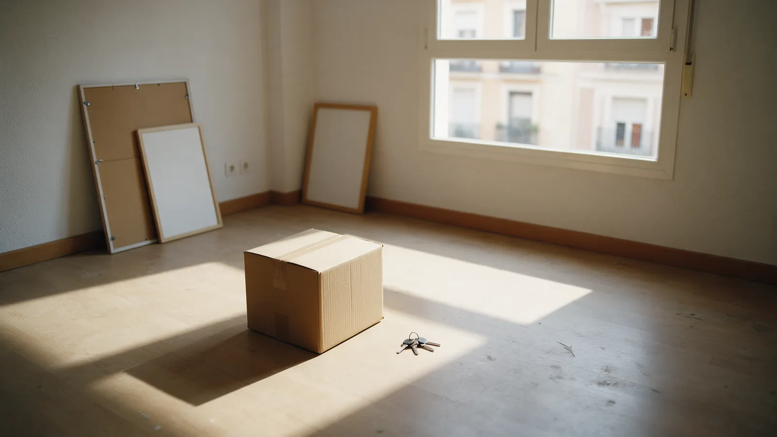 Piso vacío con una sola caja de cartón y un juego de llaves en el suelo bajo luz intensa de una ventana grande