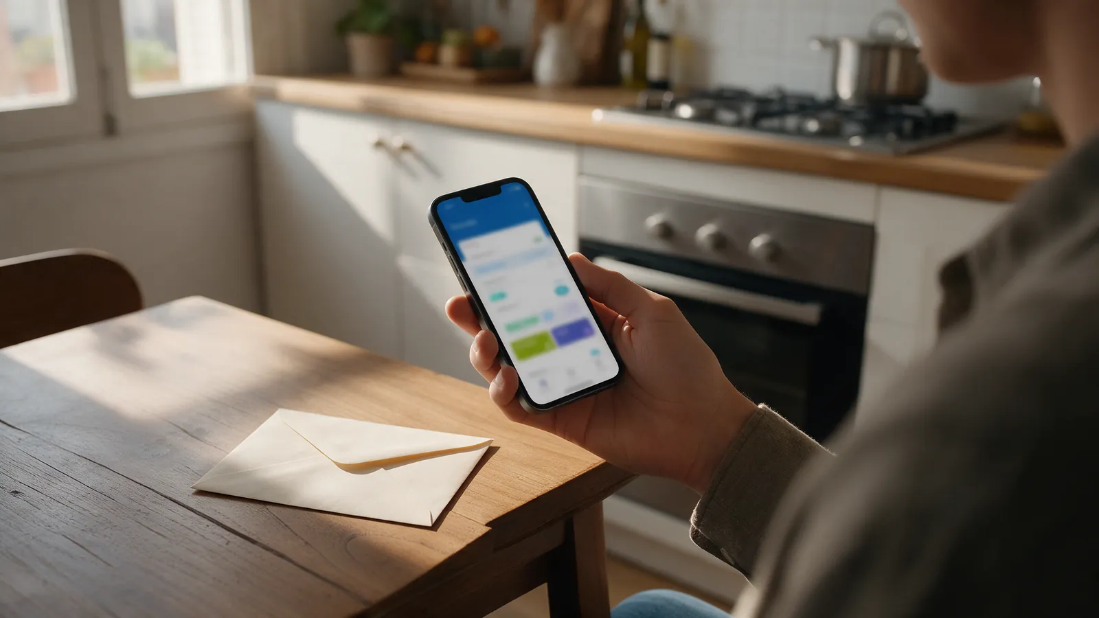 Persona revisando la app del banco en un móvil junto a un sobre sin abrir sobre una mesa de cocina en Madrid