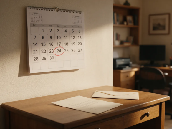 Calendario de pared con una fecha marcada en rojo junto a una carta firmada y un sobre sobre un escritorio