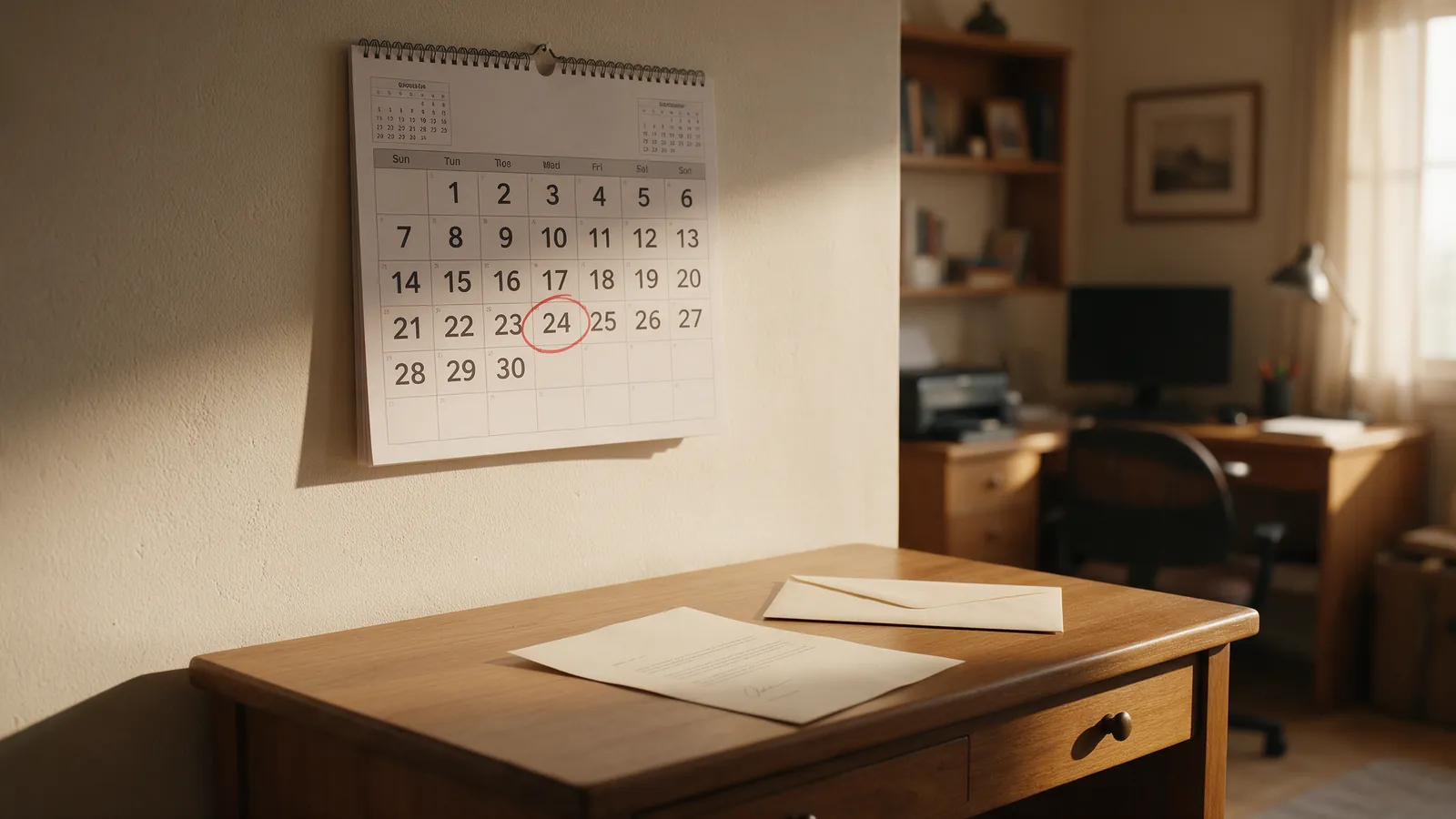 Calendario de pared con una fecha marcada en rojo junto a una carta firmada y un sobre sobre un escritorio