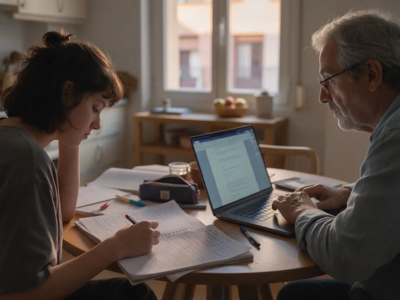 Dos personas de distinta edad compartiendo una mesa de cocina en un piso de Madrid, una con apuntes de estudio y otra con un portátil, luz de tarde