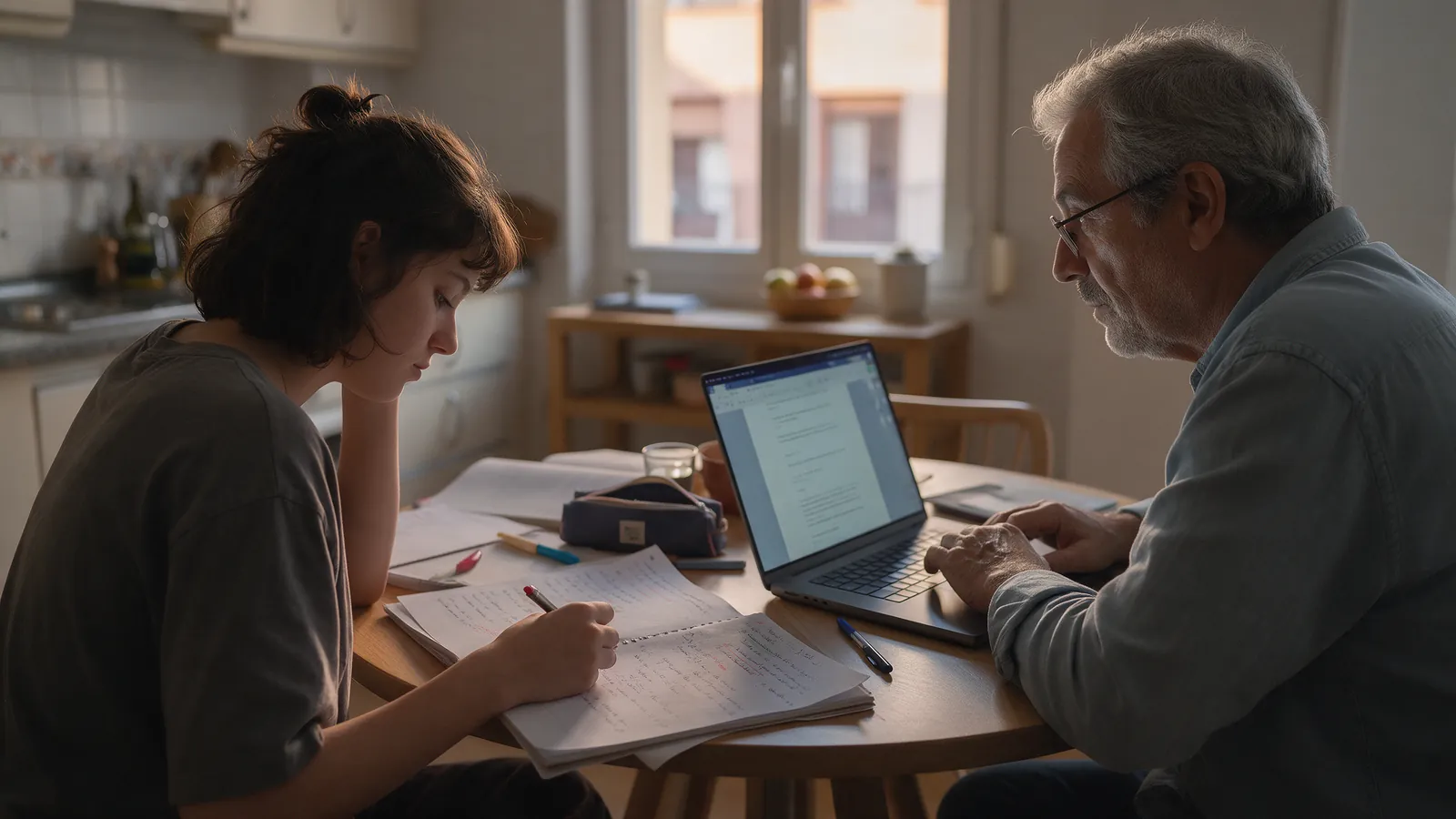 Dos personas de distinta edad compartiendo una mesa de cocina en un piso de Madrid, una con apuntes de estudio y otra con un portátil, luz de tarde