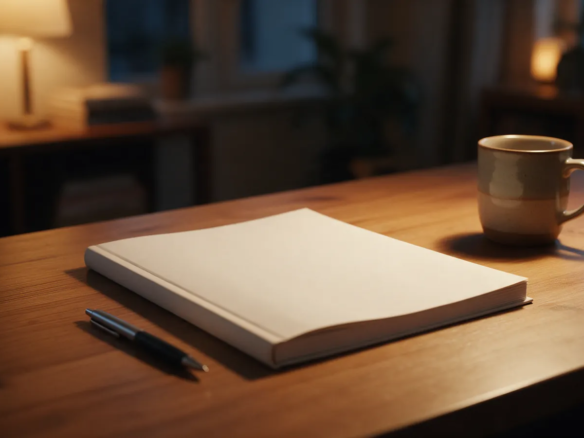 Escritorio de madera con un libro de cuentas en blanco, un bolígrafo y una taza, luz cálida de noche