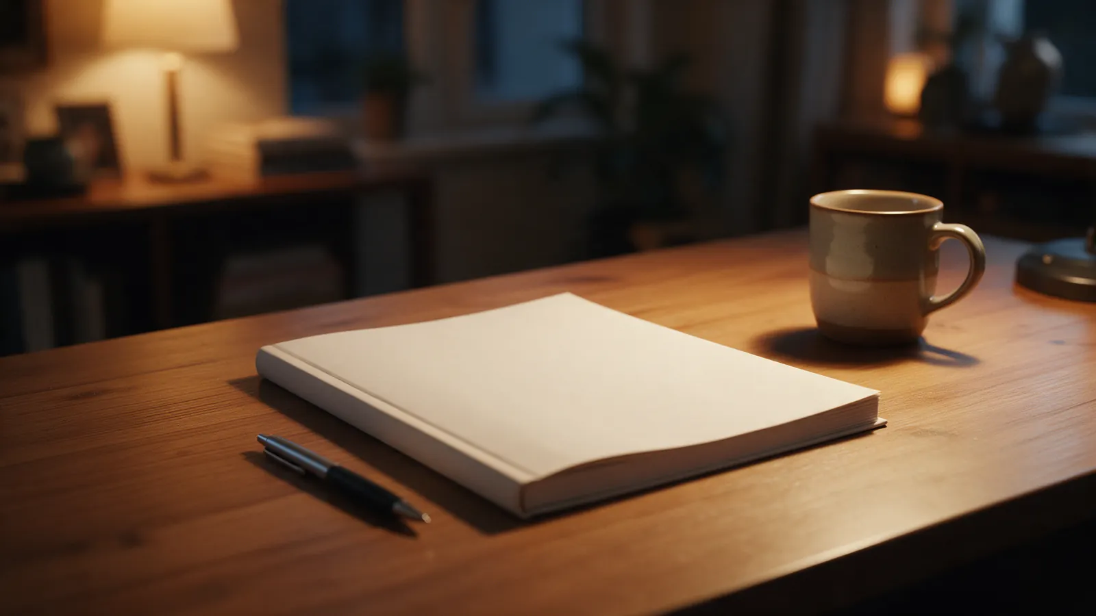 Escritorio de madera con un libro de cuentas en blanco, un bolígrafo y una taza, luz cálida de noche