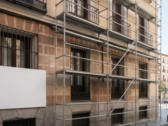 Fachada de un edificio antiguo de Madrid con andamios y un tablón de anuncios en blanco visto desde la calle