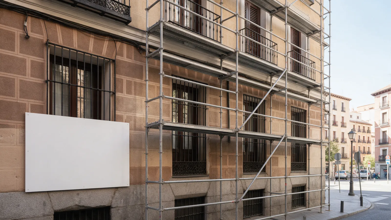 Fachada de un edificio antiguo de Madrid con andamios y un tablón de anuncios en blanco visto desde la calle