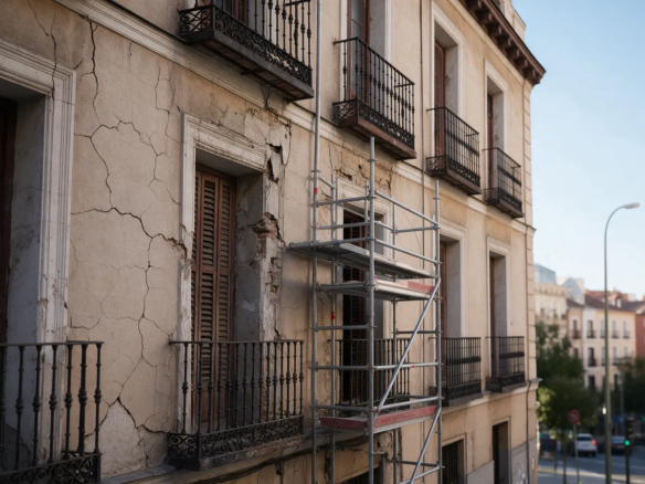 Fachada antigua de un edificio de Madrid con desconchones y un andamio empezando a montarse en un lateral