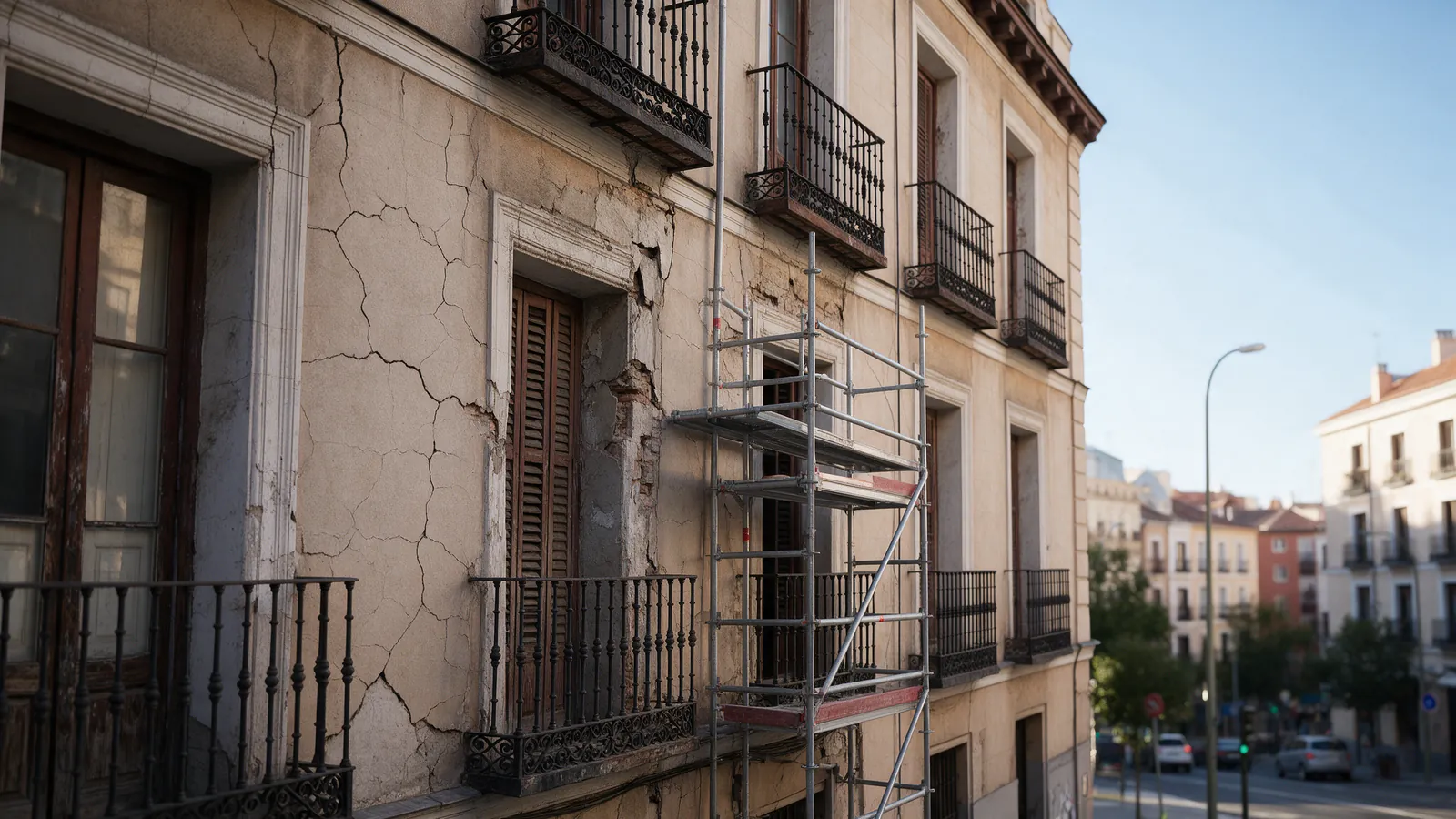 Fachada antigua de un edificio de Madrid con desconchones y un andamio empezando a montarse en un lateral