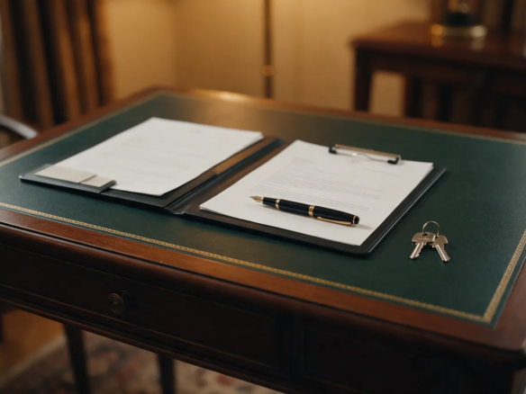 Mesa de estilo notarial con una carpeta, una pluma estilográfica y un juego de llaves de vivienda