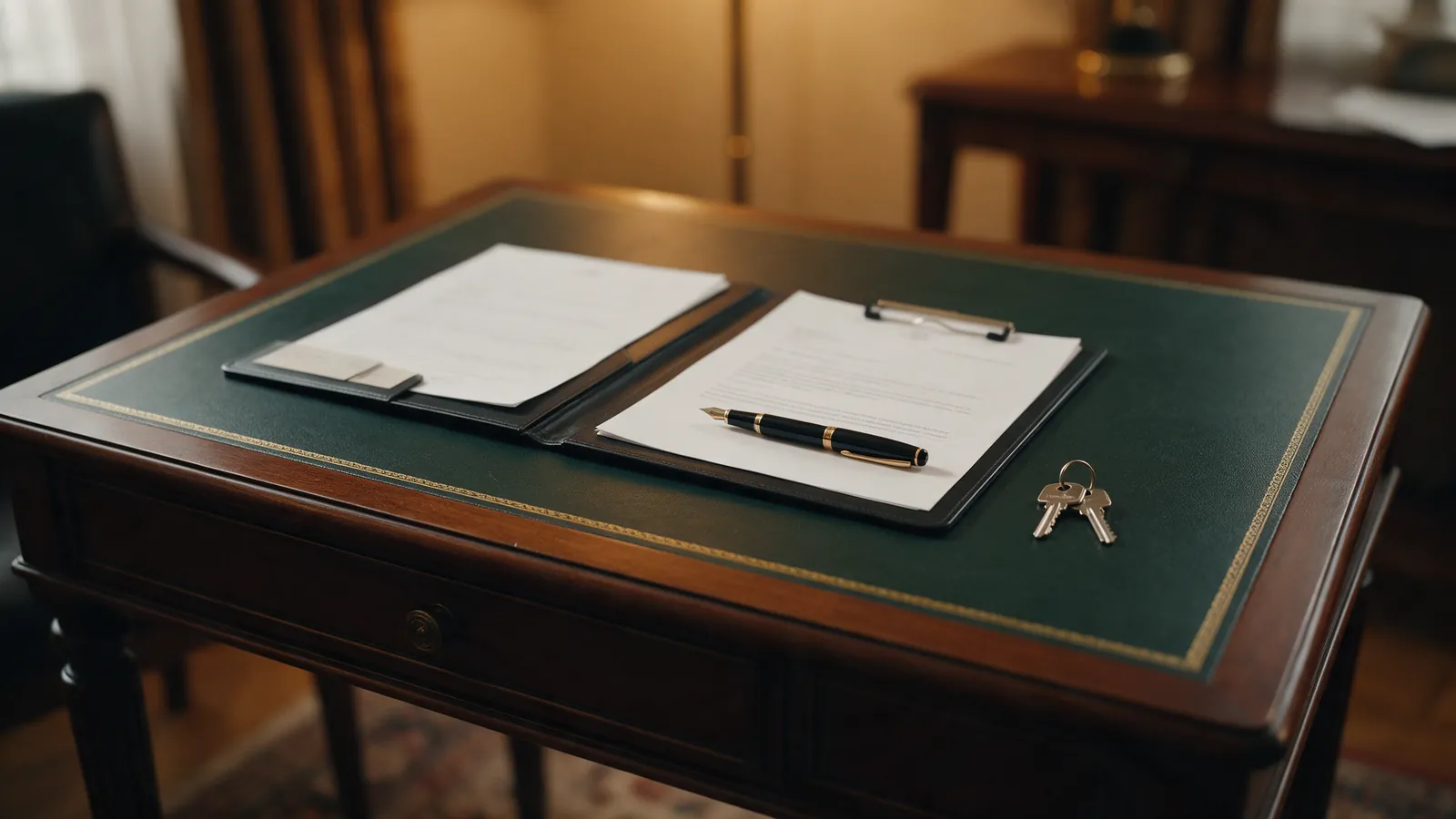 Mesa de estilo notarial con una carpeta, una pluma estilográfica y un juego de llaves de vivienda