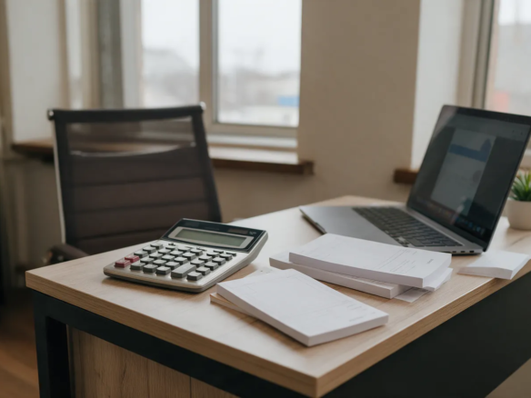 Escritorio de un asesor fiscal con una calculadora, talonarios de facturas y un ordenador portátil en una oficina con luz neutra