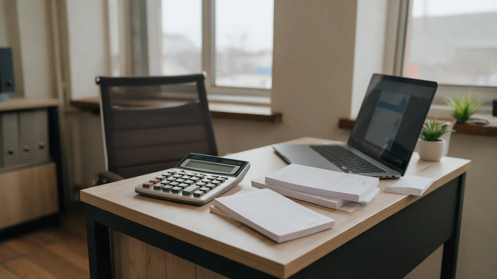 Escritorio de un asesor fiscal con una calculadora, talonarios de facturas y un ordenador portátil en una oficina con luz neutra