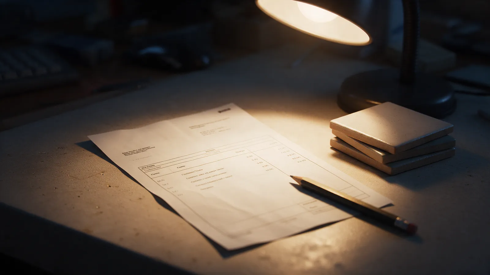 Factura en papel bajo una lámpara de escritorio junto a un lápiz de albañil y azulejos