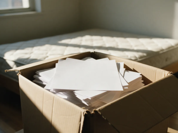 Caja de cartón medio llena en el suelo de un dormitorio vacío con luz de tarde