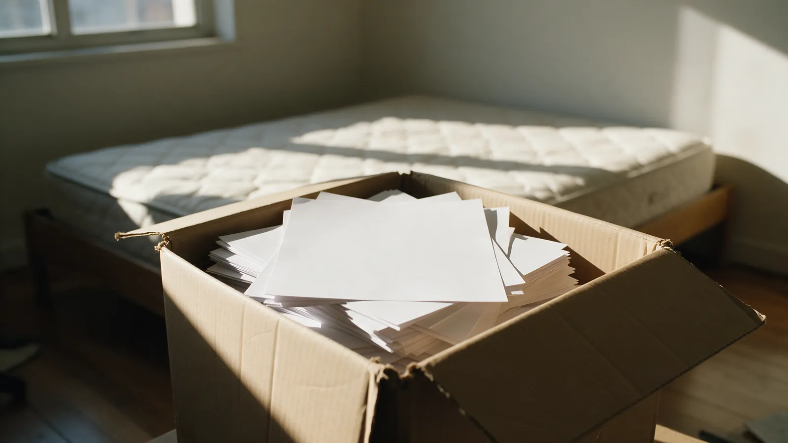 Caja de cartón medio llena en el suelo de un dormitorio vacío con luz de tarde