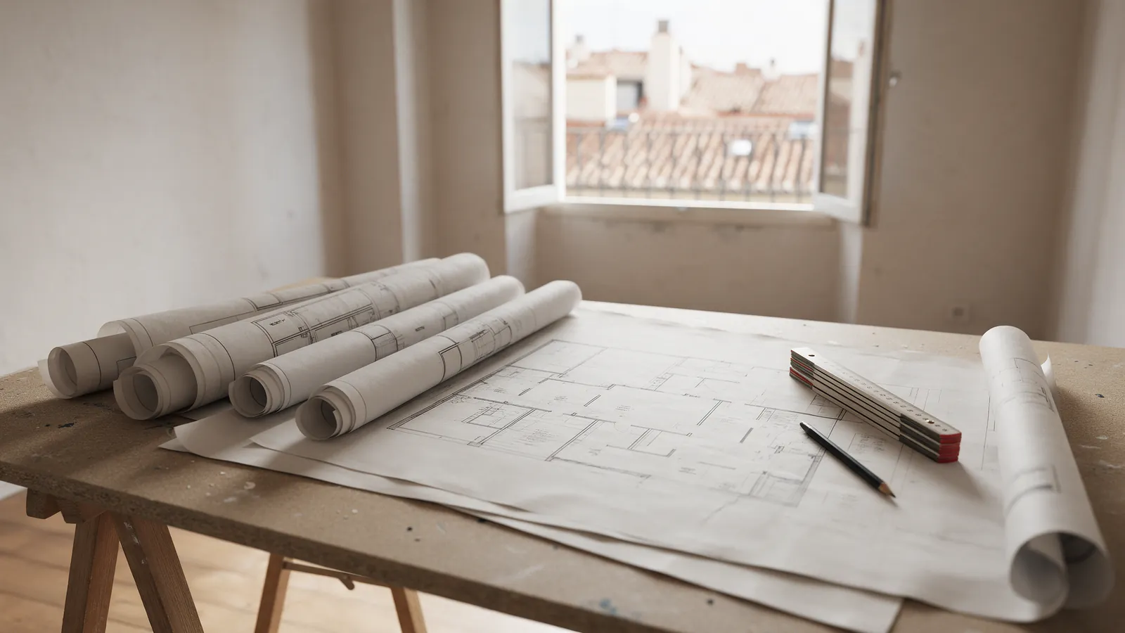 Planos arquitectónicos enrollados, un metro plegable y un lápiz sobre una mesa de obra en un piso vacío de Madrid