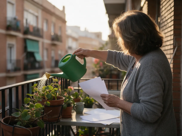Mujer mayor de perfil regando una planta en el balcón de un piso español al atardecer