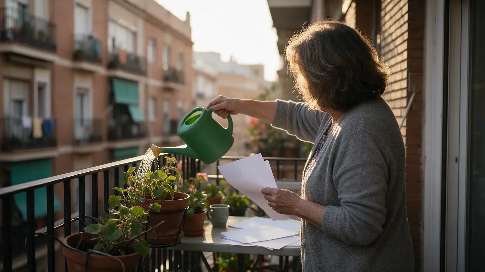 Mujer mayor de perfil regando una planta en el balcón de un piso español al atardecer