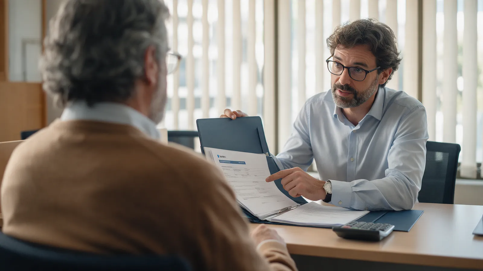 Propietario reunido con un asesor bancario revisando documentos de la hipoteca en una oficina