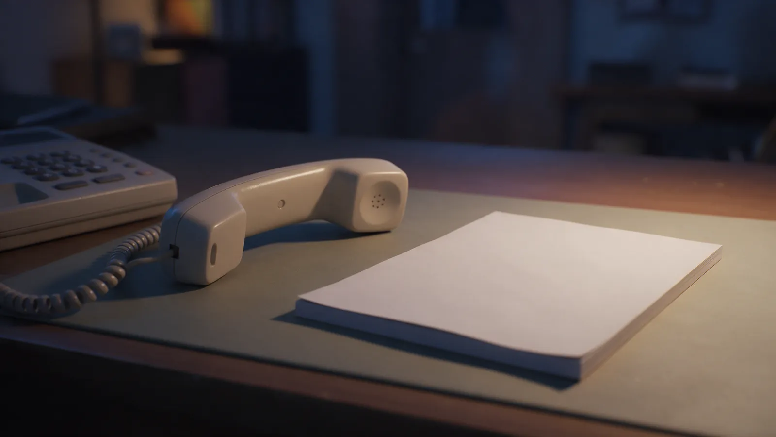 Teléfono fijo descolgado sobre un escritorio junto a un bloc de notas en blanco