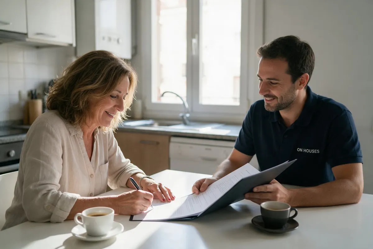 Propietaria firmando el contrato de alquiler con renta garantizada junto a un asesor de On Houses