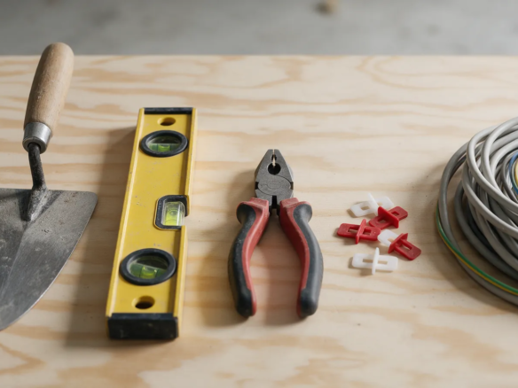 Herramientas de albañilería alineadas sobre un tablero de madera nuevo con nivel y llana