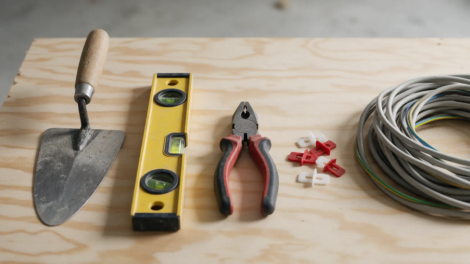 Herramientas de albañilería alineadas sobre un tablero de madera nuevo con nivel y llana