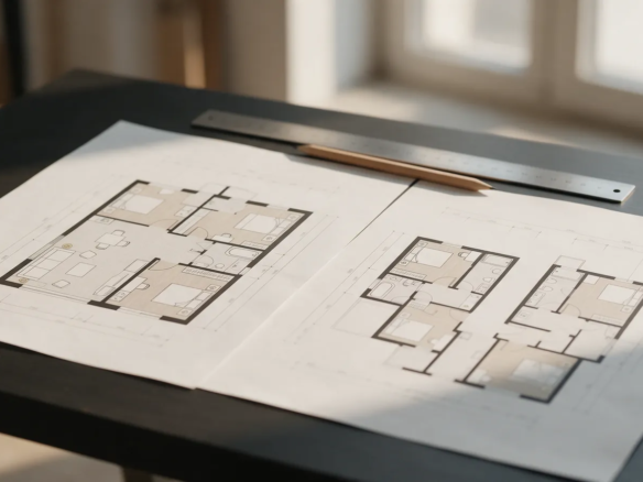 Dos planos arquitectónicos sobre una mesa, uno de piso grande y dos de pisos pequeños, con una regla