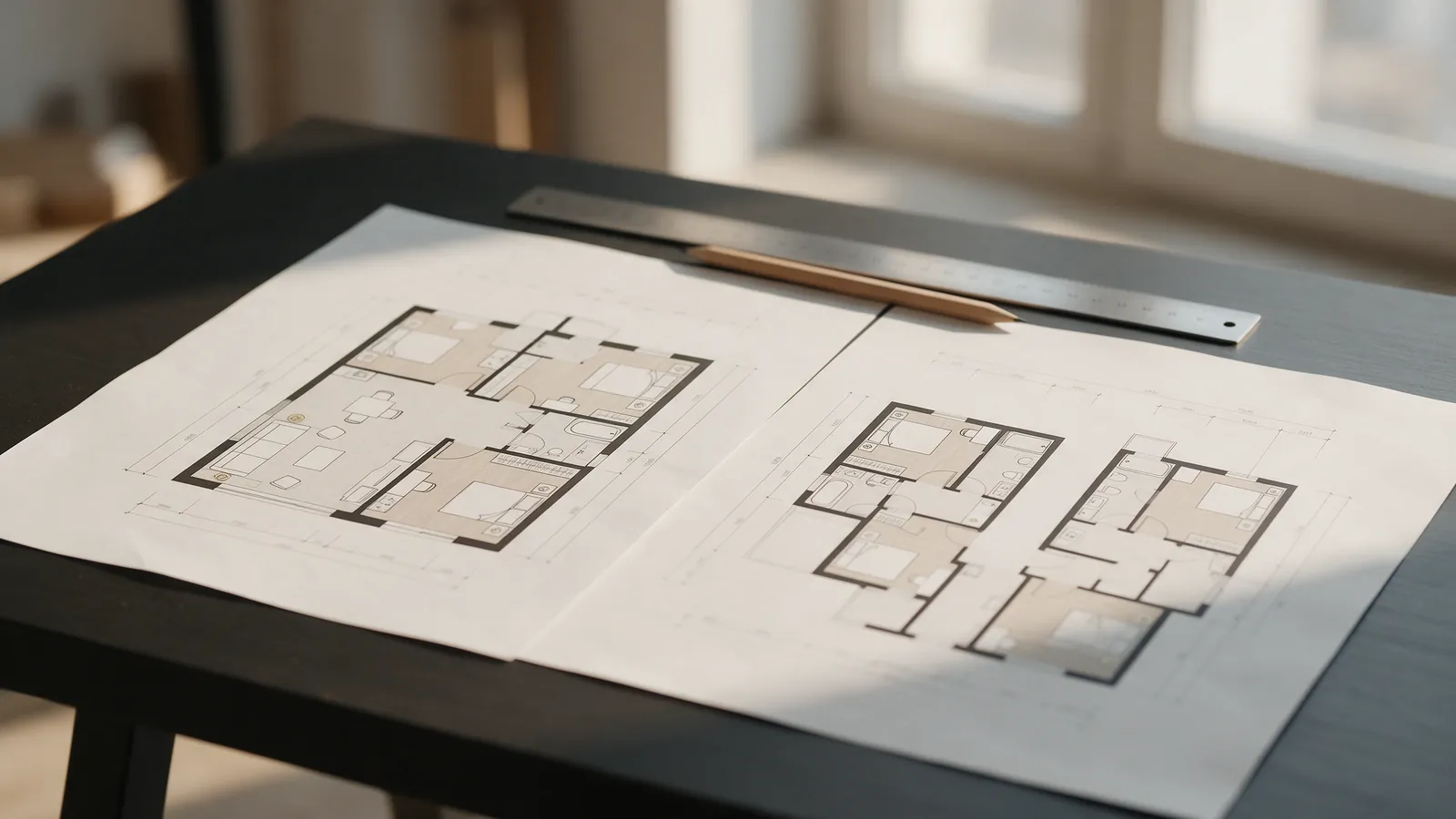 Dos planos arquitectónicos sobre una mesa, uno de piso grande y dos de pisos pequeños, con una regla
