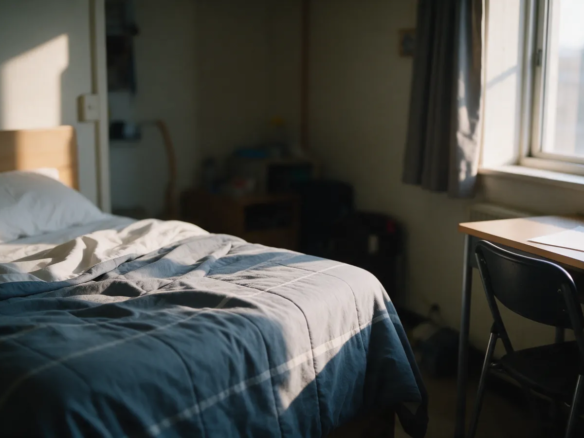 Habitación amueblada con la cama hecha y un pequeño escritorio junto a la ventana, luz de tarde