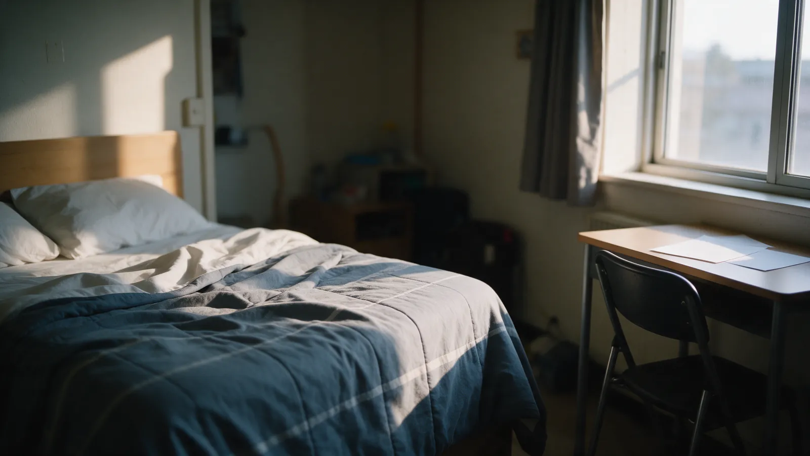 Habitación amueblada con la cama hecha y un pequeño escritorio junto a la ventana, luz de tarde