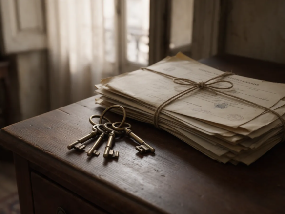 Juego de llaves antiguas y documentos de una herencia atados con cuerda sobre un mueble