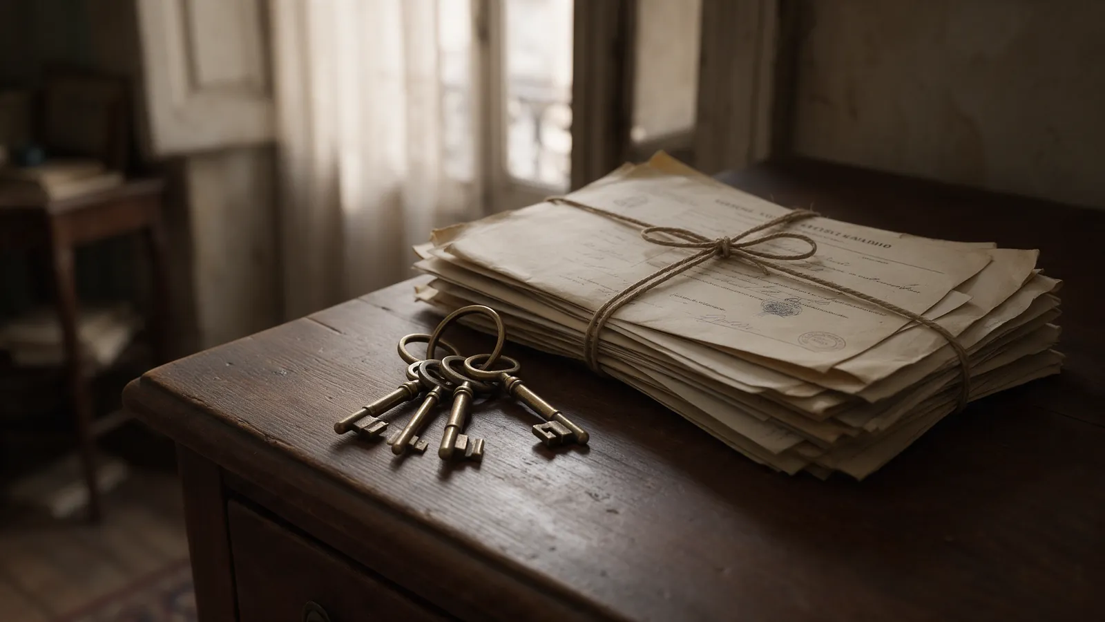 Juego de llaves antiguas y documentos de una herencia atados con cuerda sobre un mueble