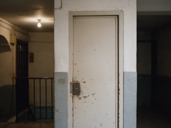 Puerta cerrada de un piso en un rellano oscuro con pintura desgastada y cerradura antigua