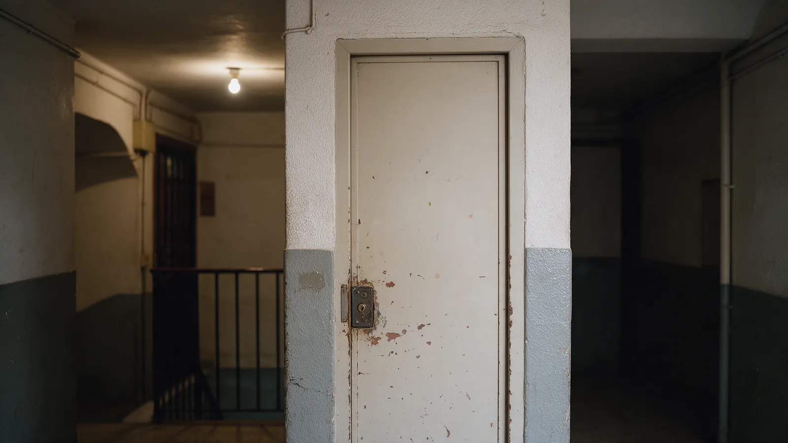 Puerta cerrada de un piso en un rellano oscuro con pintura desgastada y cerradura antigua