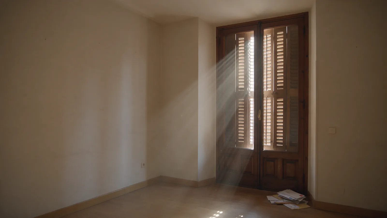 Salón vacío en Madrid con persianas bajadas y luz mostrando polvo en el aire