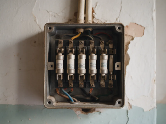 Cuadro eléctrico antiguo con fusibles cerámicos en la pared de un piso de Madrid sin reformar