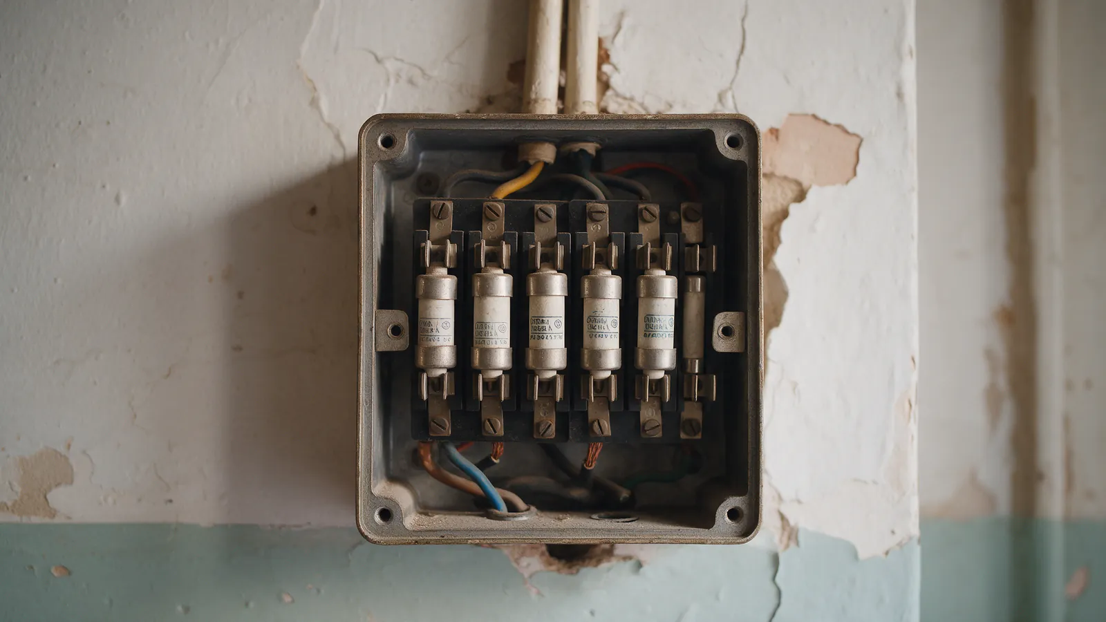 Cuadro eléctrico antiguo con fusibles cerámicos en la pared de un piso de Madrid sin reformar