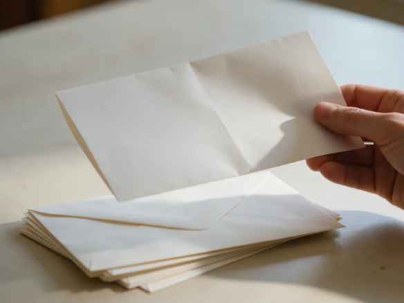 Mano sosteniendo un documento doblado sobre una mesa con sobres vacíos apilados, luz suave