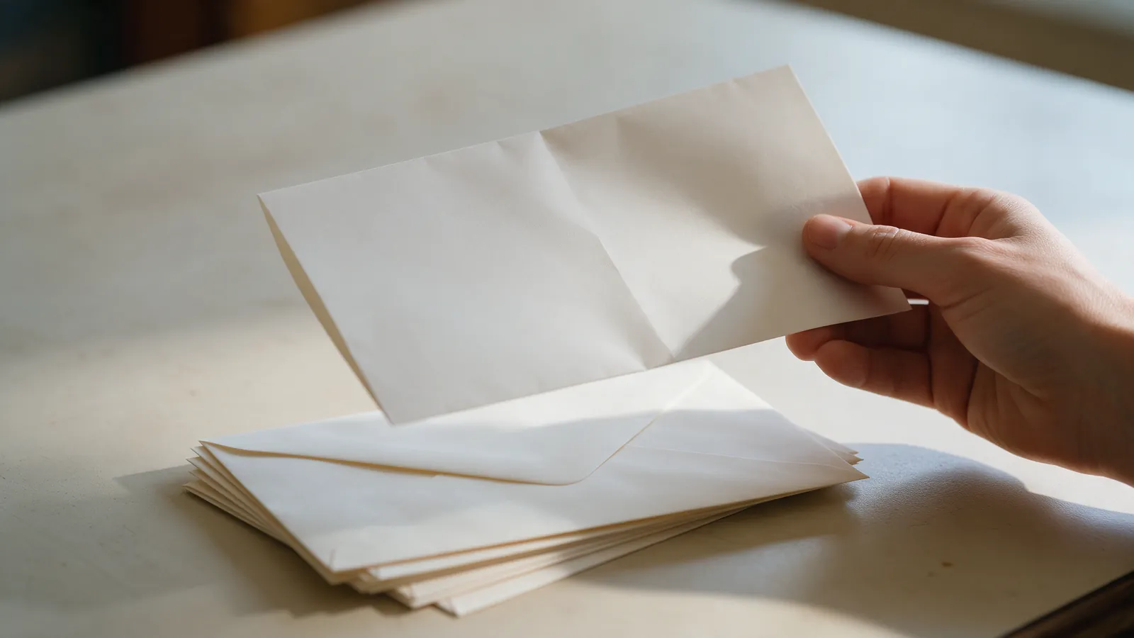 Mano sosteniendo un documento doblado sobre una mesa con sobres vacíos apilados, luz suave