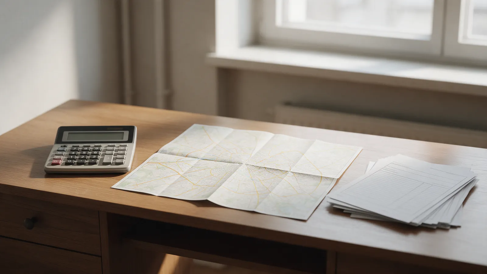 Escritorio con una calculadora, un mapa de ciudad doblado y formularios en blanco, luz natural