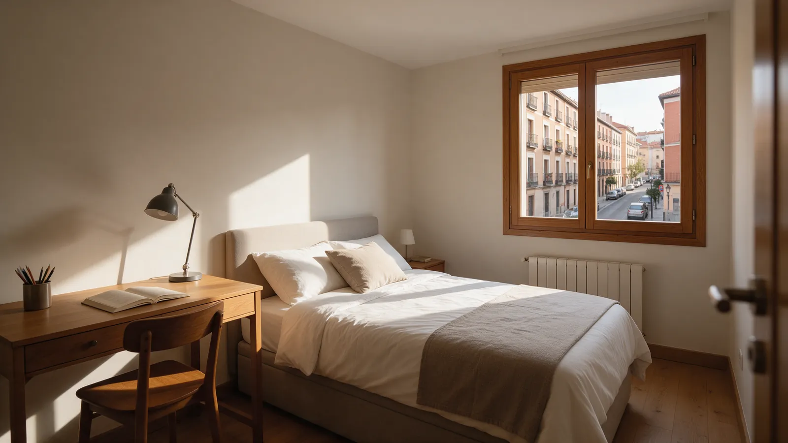 Habitación individual ordenada con escritorio, cama y ventana con vistas a una calle de Madrid en un día soleado