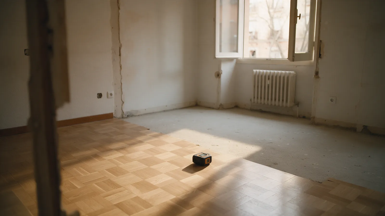 Piso vacío en obras en Madrid con parquet de roble nuevo a medio colocar sobre solera