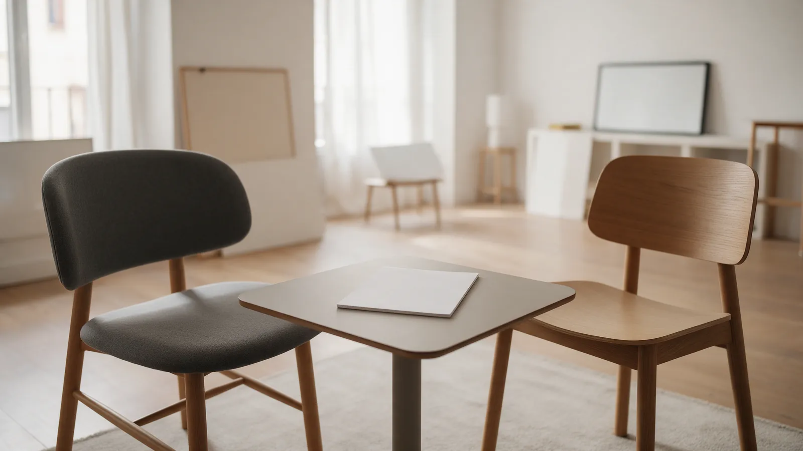 Dos sillas frente a frente junto a una mesa con un bloc de notas en blanco