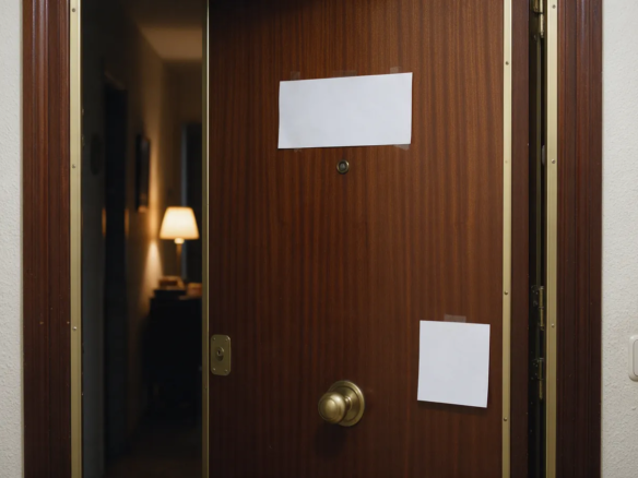 Puerta de entrada cerrada de un piso español vista desde un pasillo en penumbra con luz cálida