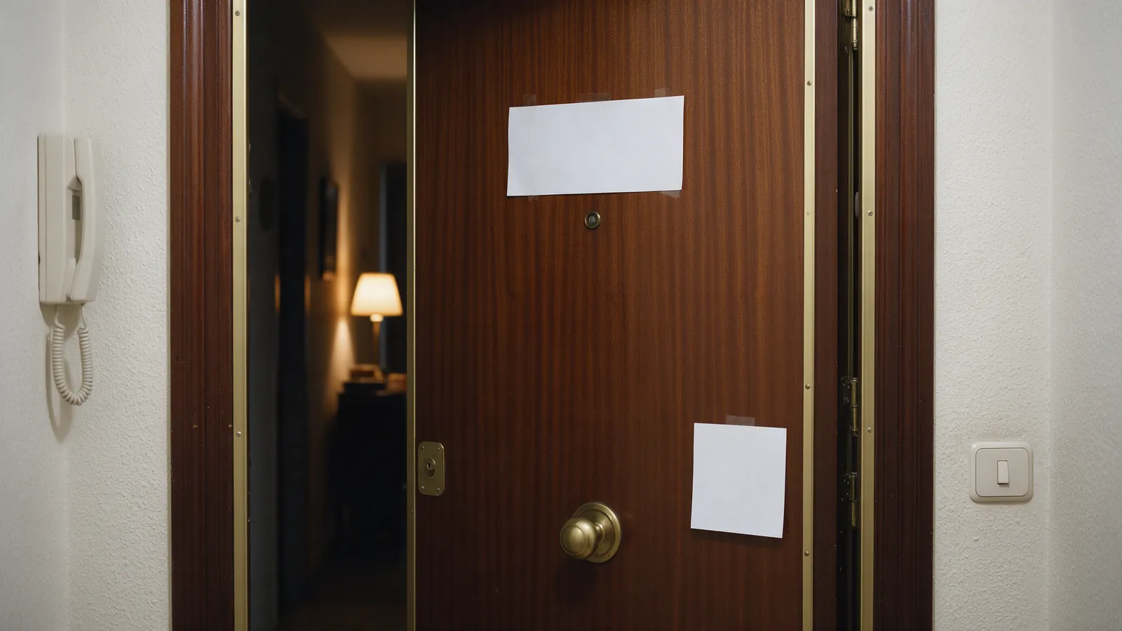 Puerta de entrada cerrada de un piso español vista desde un pasillo en penumbra con luz cálida
