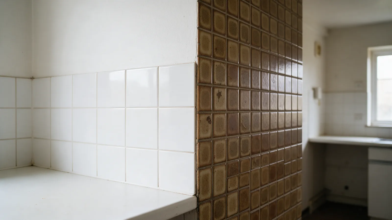 Pared de cocina en obras con alicatado blanco nuevo a un lado y azulejo marrón antiguo de los años setenta al otro