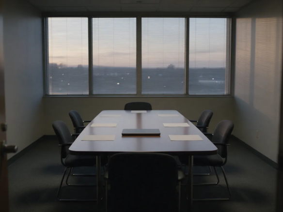 Sala de reuniones corporativa vacía al atardecer, mesa larga y persianas cerradas, sin personas
