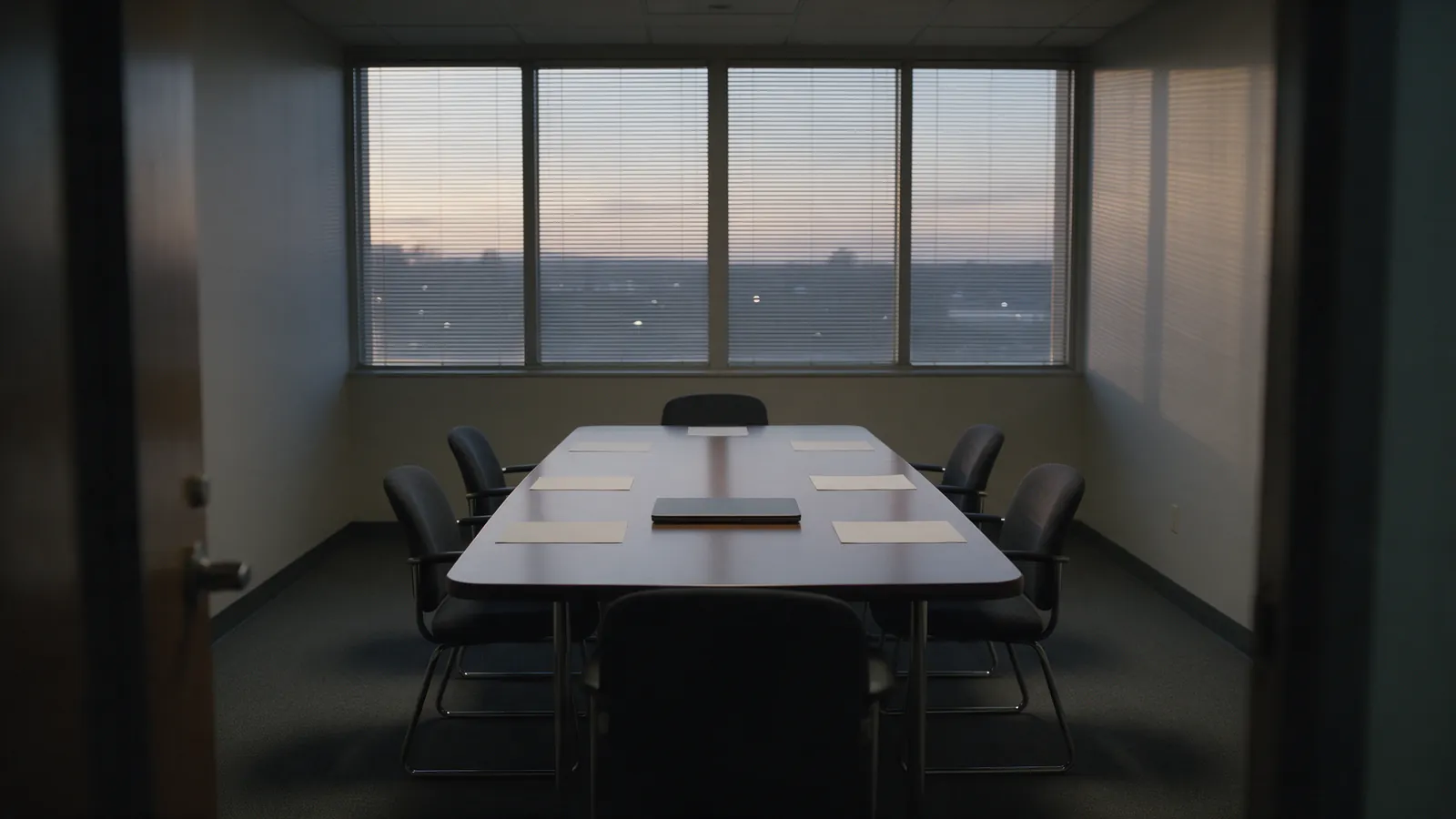 Sala de reuniones corporativa vacía al atardecer, mesa larga y persianas cerradas, sin personas