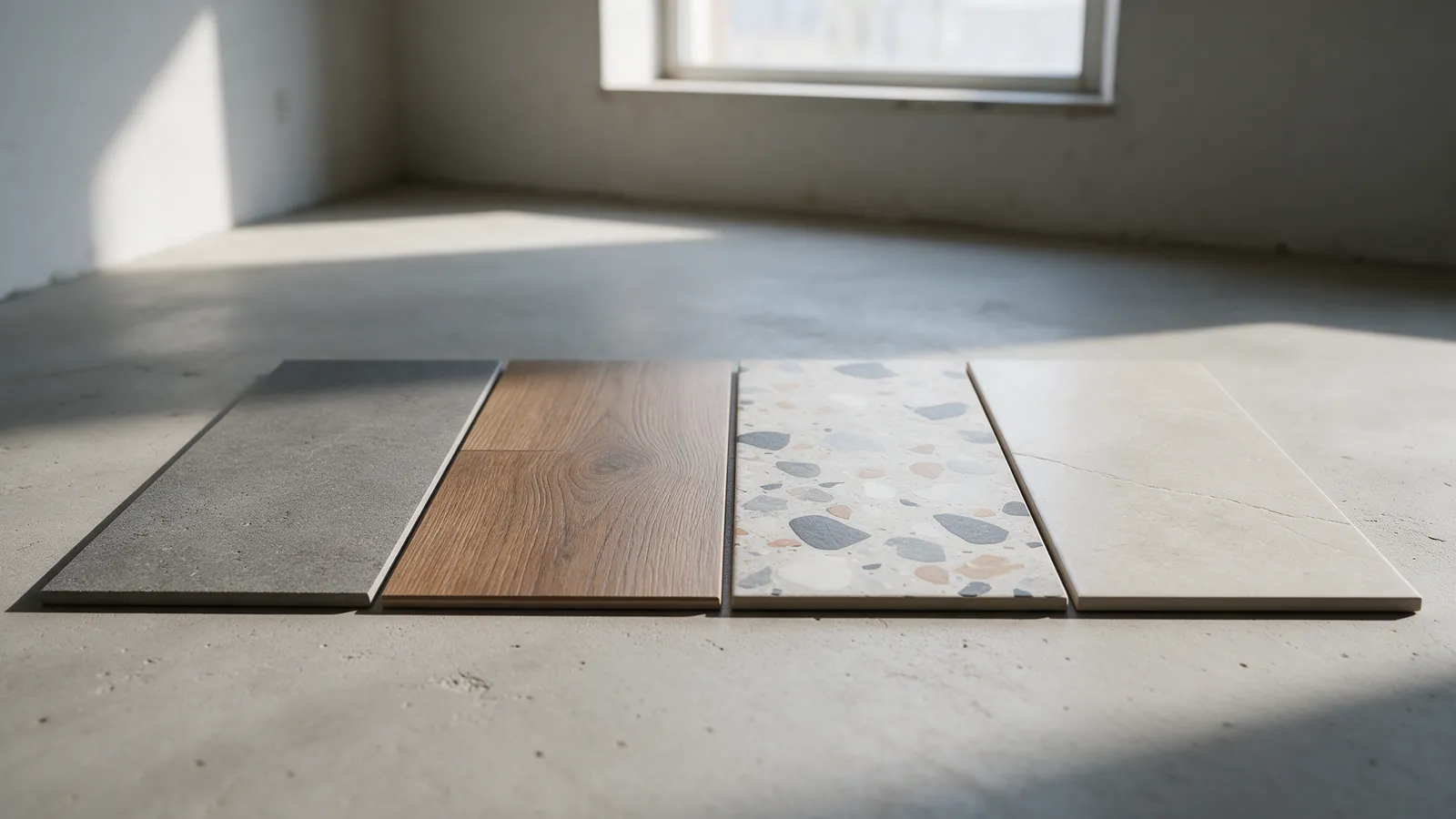 Dos muestras de suelo y dos muestras de azulejo colocadas una junto a otra sobre el cemento de un piso vacío en obras